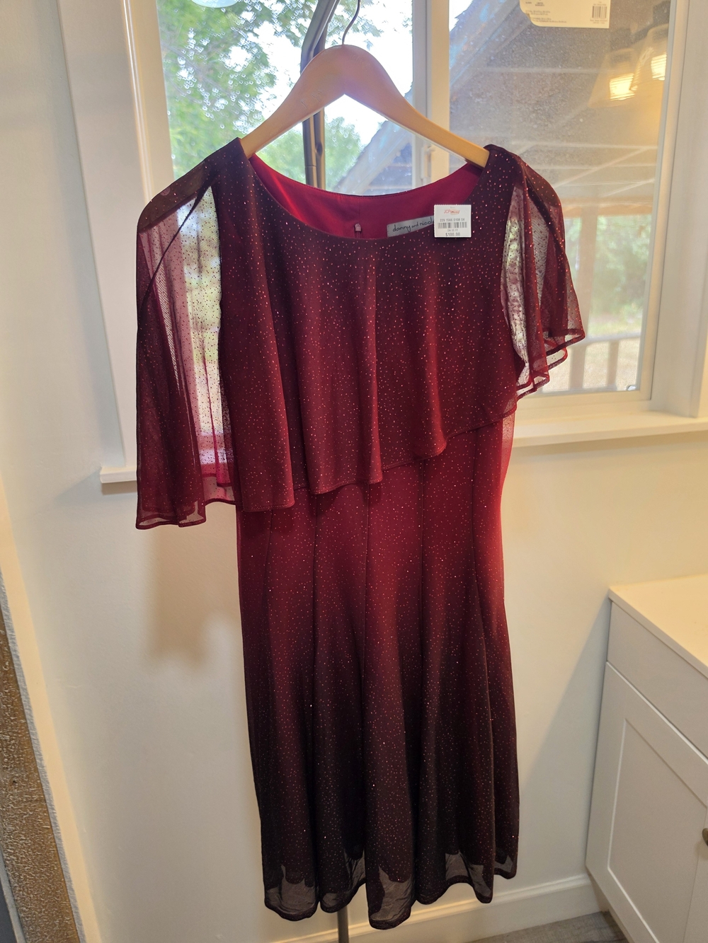 Danny & Nicole Burgundy Sparkle Midi Dress with Sheer Capelet